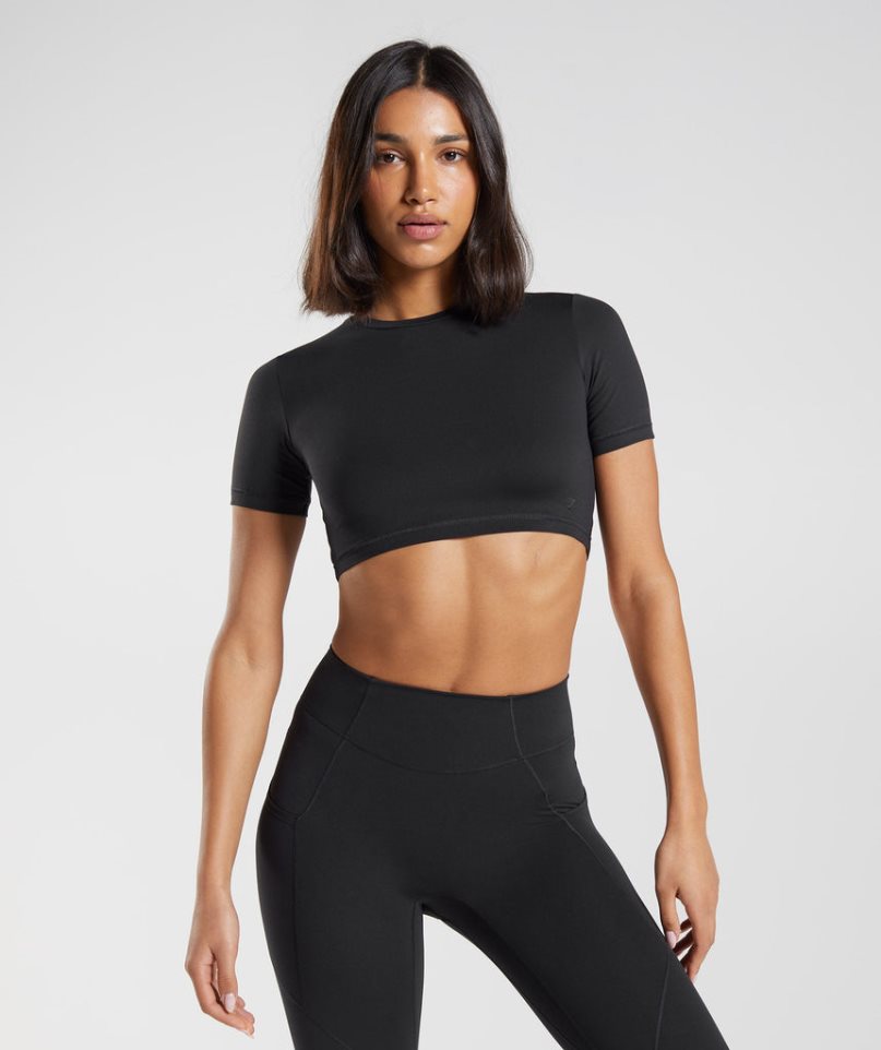 Women\'s Gymshark Whitney Short Sleeve Cropped Tops Black | NZ 7NWZVB